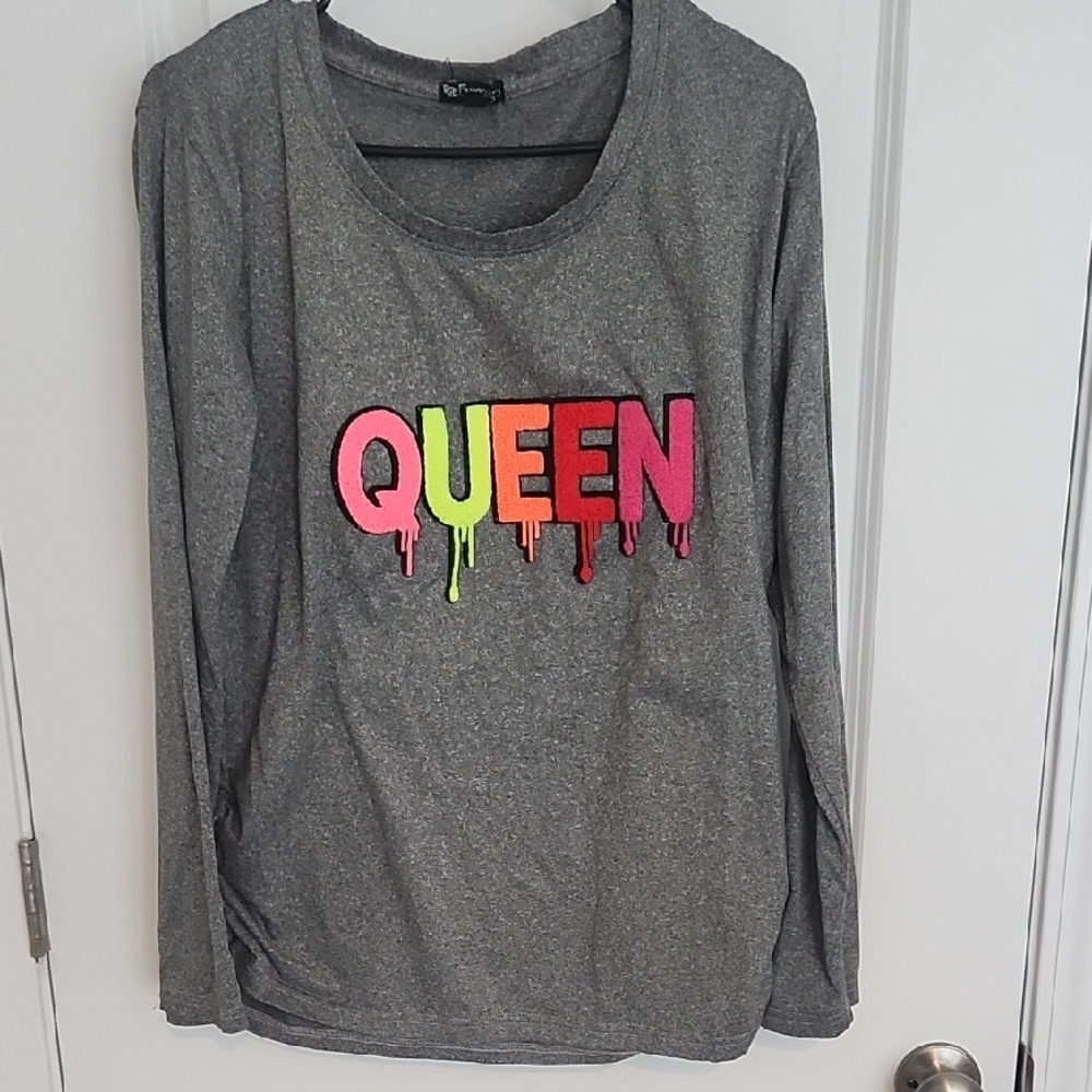 Gray Long Sleeve Shirt with Colorful QUEEN Graphic
